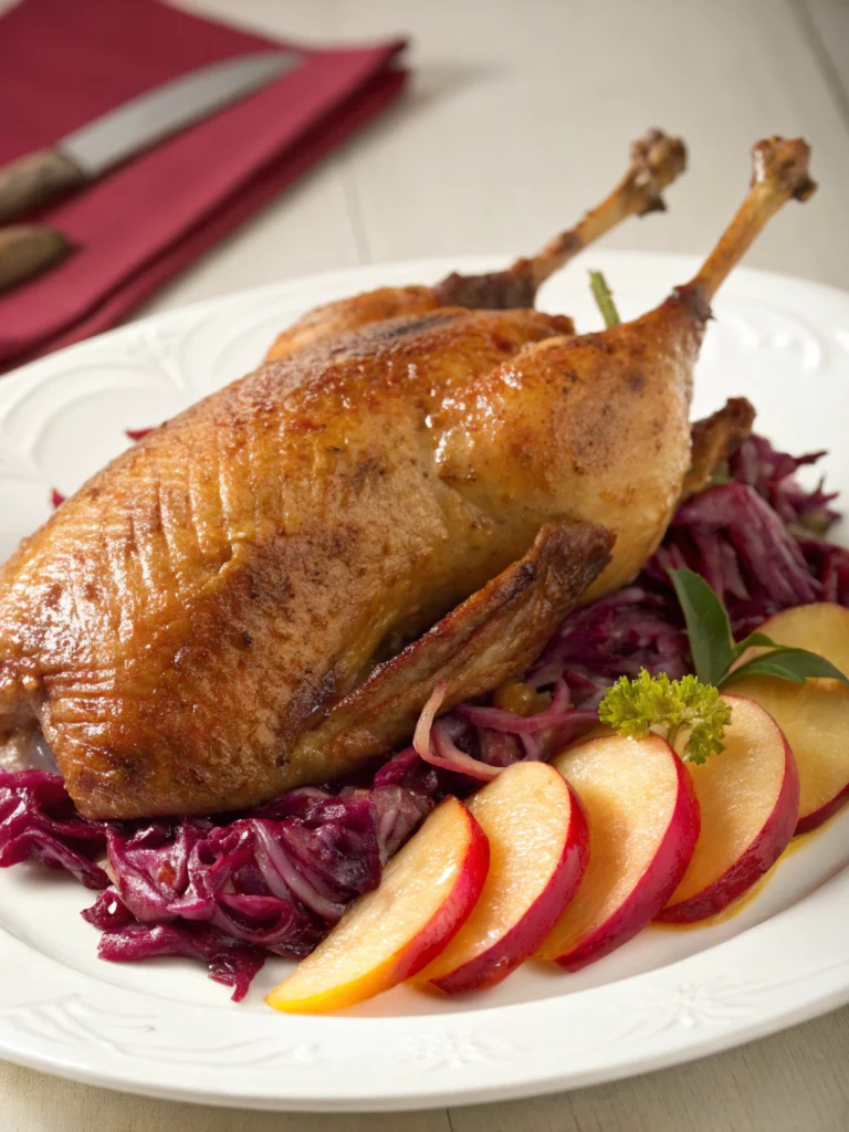 Gänsebraten mit Rotkohl und Apfel