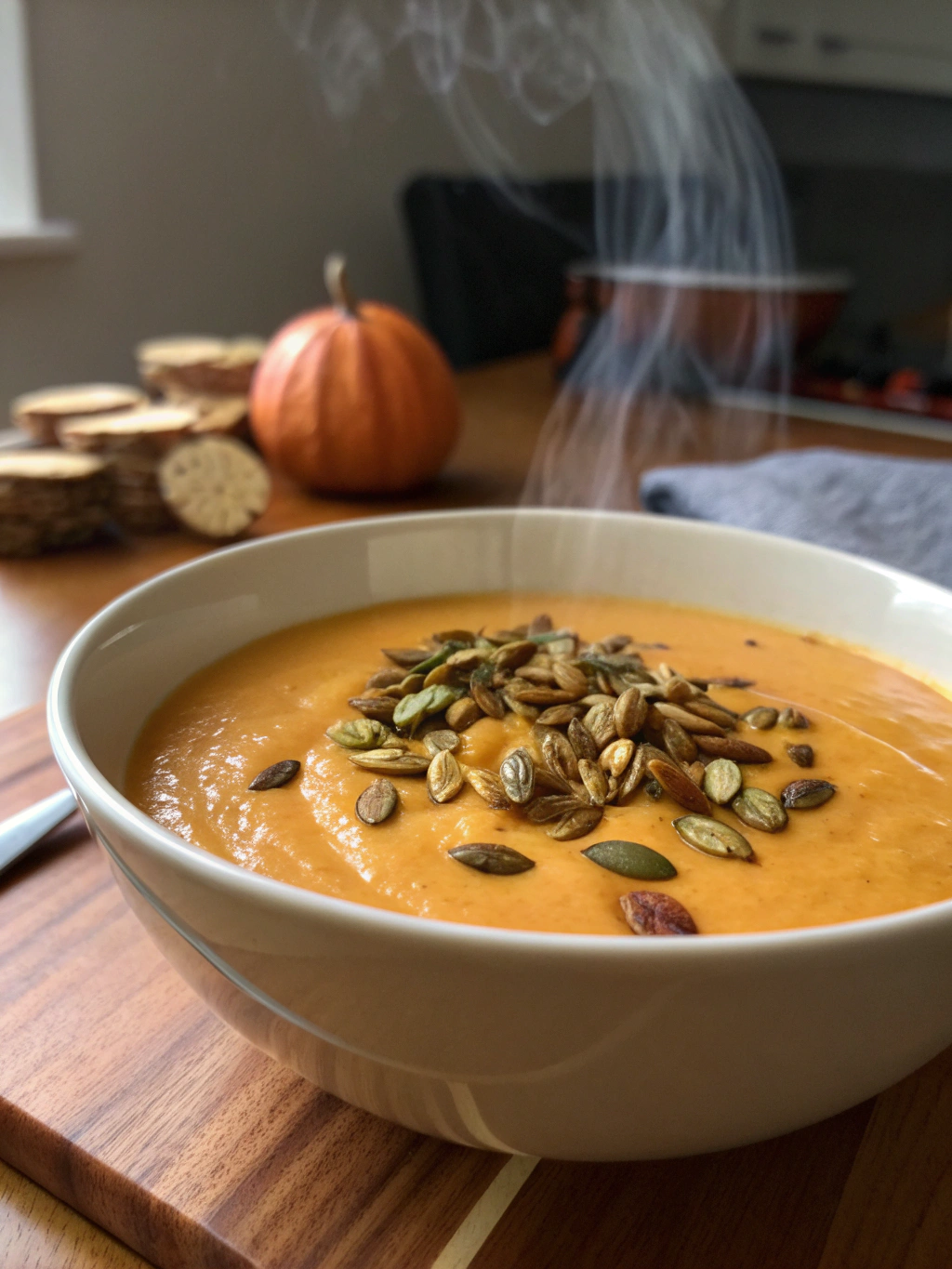 Kürbiscremesuppe mit gerösteten Kernen