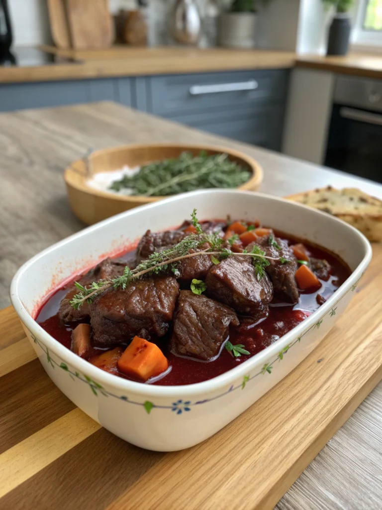 Geschmortes Rindfleisch mit Rotwein und Kräutern
